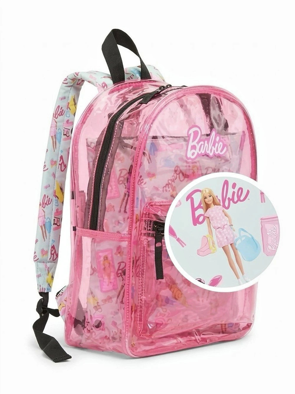 Barbie Kids Pink Clear Backpack w/ removable graphic sleeve NWT Y2K Streetwear